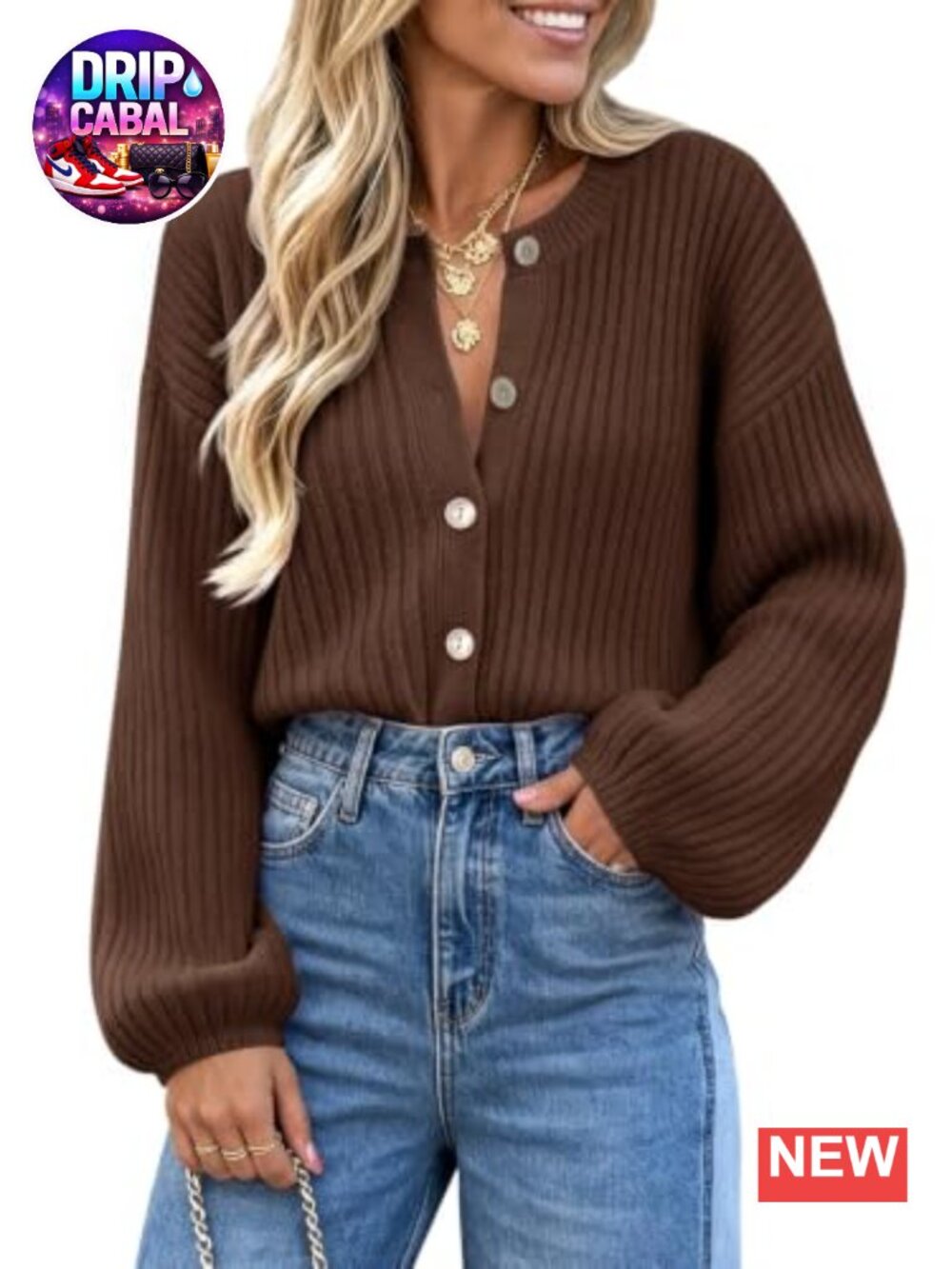 Button Down Cardigan Lantern Sleeve Chunky Ribbed Knit Sweater
